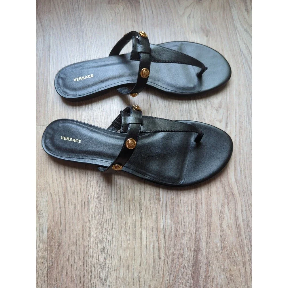 Versace Medusa Studs Flat Thong Sandals Black Leather Womens 10 EU 40 DST669CS - Picture 5 of 14